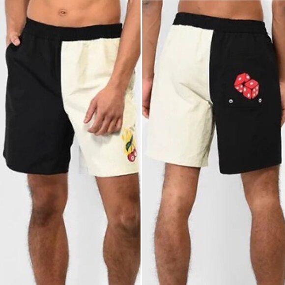 A.LAB Taffy Cherry Dice Black & Beige Two-Tone Board Shorts Men's Size Large 90s - Picture 1 of 15